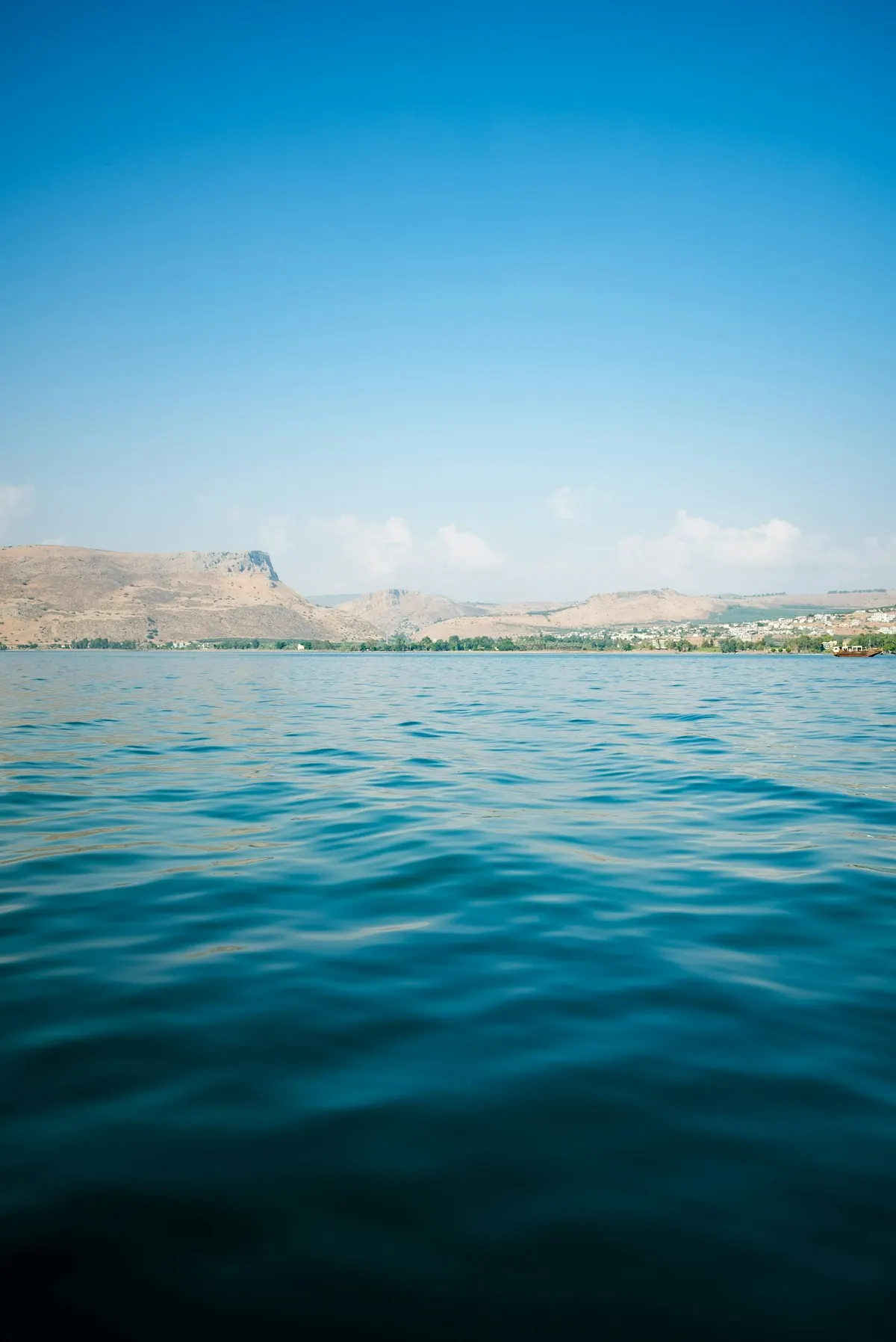 Calm water with hills behind